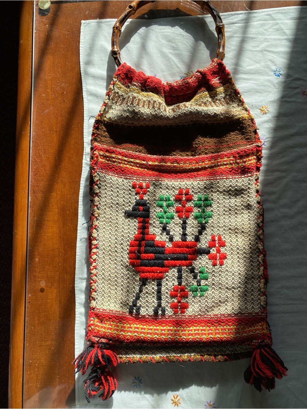 Vintage Handwoven Red & Cream Tote Bag with Bamboo Handle